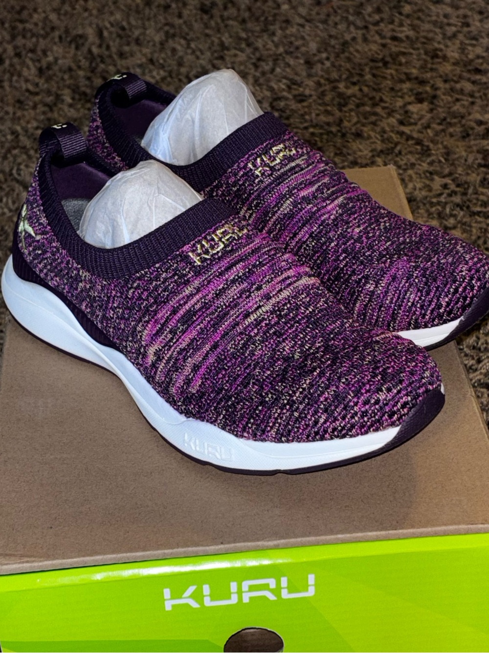 Kuru Stride Women 6 Slip On Walking Shoes Berry Purple Gold Knit Sneakers NEW